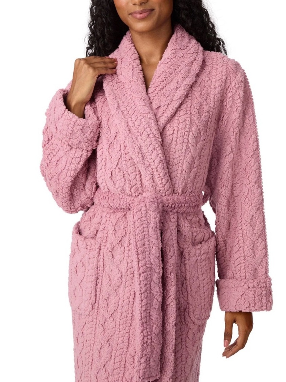 Cozy Cable-Textured Long Robe - Dusty Rose - Picture 3 of 5